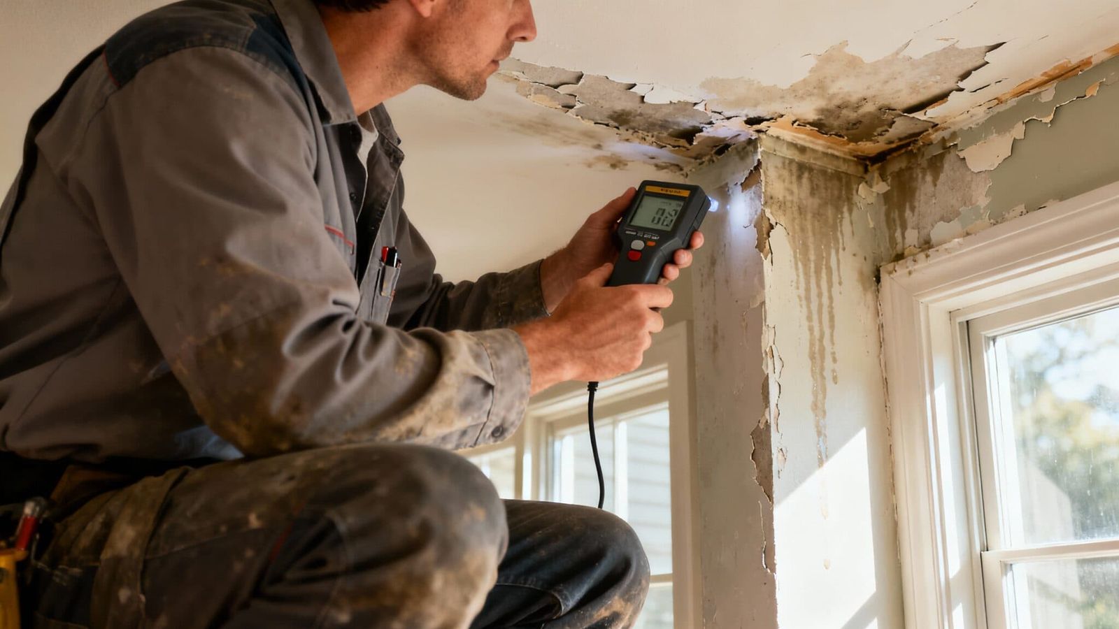 Technician using a moisture meter on a water damaged wall and ceiling