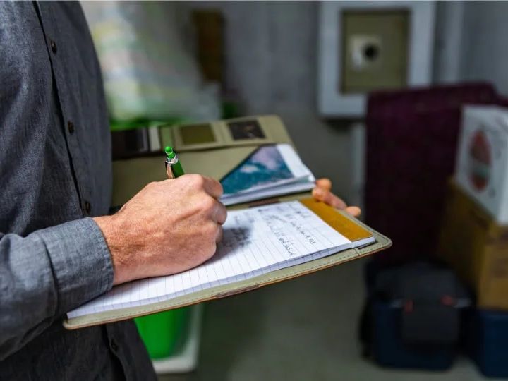 Inspector recording moisture findings on a clipboard during a property inspection